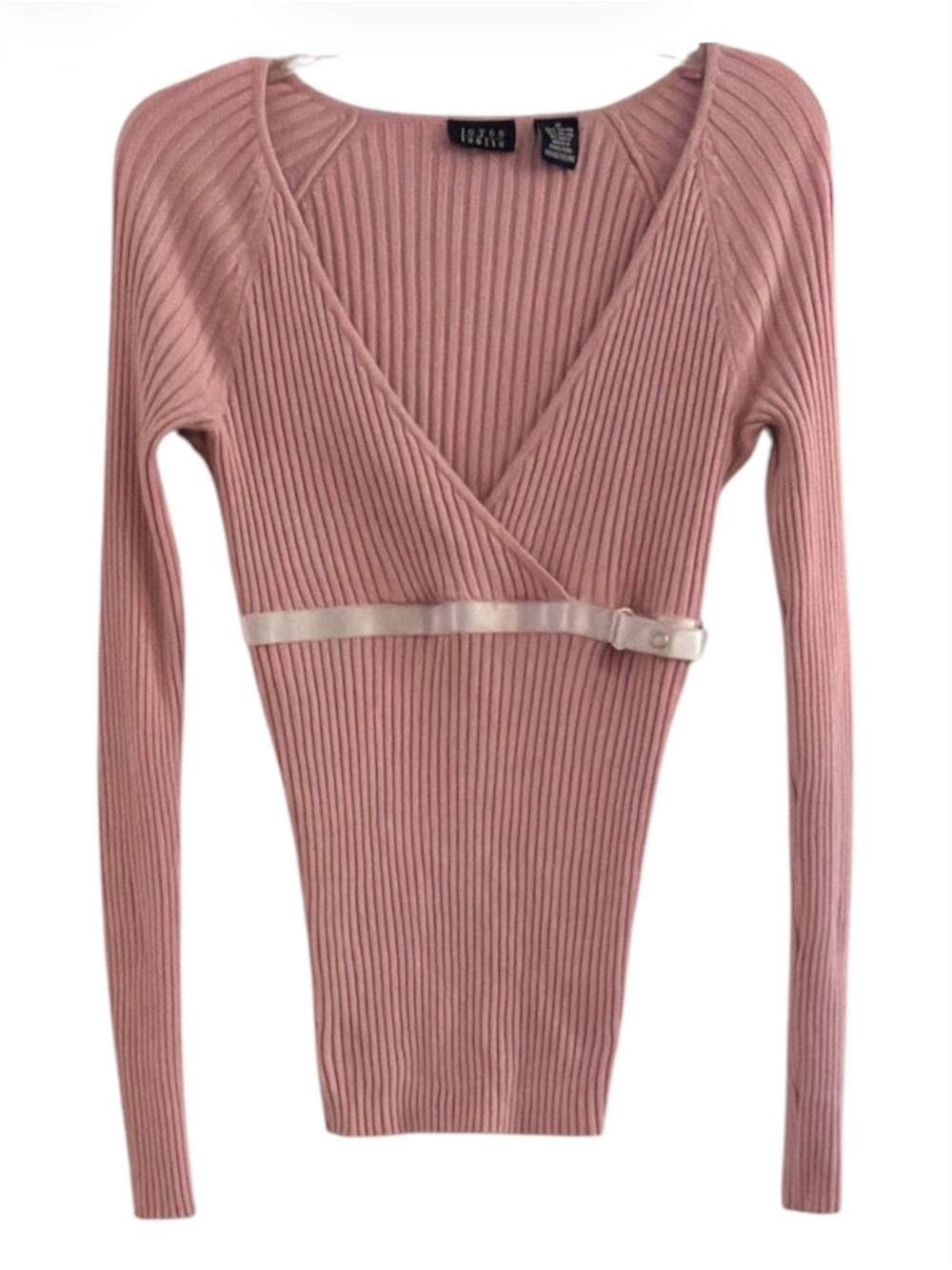 Joyce Leslie Pink Ribbed Knit Faux Wrap Sweater Statin Buckle Top Size M